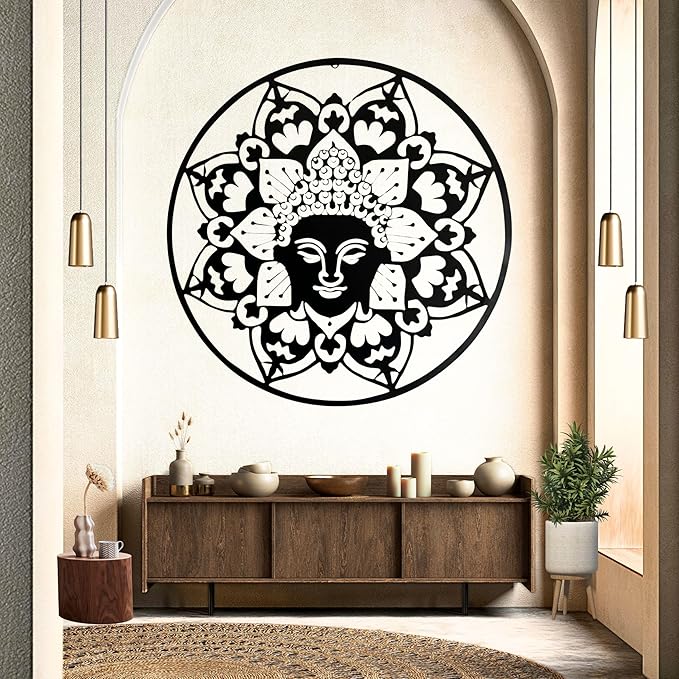 Bellaa 23514 Metal Wall Art Black Buddha Mandala Meditation Yoga Altar Indoor Serene Zen Buda Home Decor Outdoor Garden Patio Hanging 3d Sign Laser Cut 24 inch