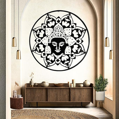 Bellaa 23514 Metal Wall Art Black Buddha Mandala Meditation Yoga Altar Indoor Serene Zen Buda Home Decor Outdoor Garden Patio Hanging 3d Sign Laser Cut 24 inch