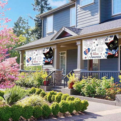SENSEVEN Summer Black Cat 4th of July Flags for Outside 3x5 Ft,Memorial Day Holiday Flag,Cute Kitten Welcome Outdoor Banner for Porch Lawn Farmhouse Decor