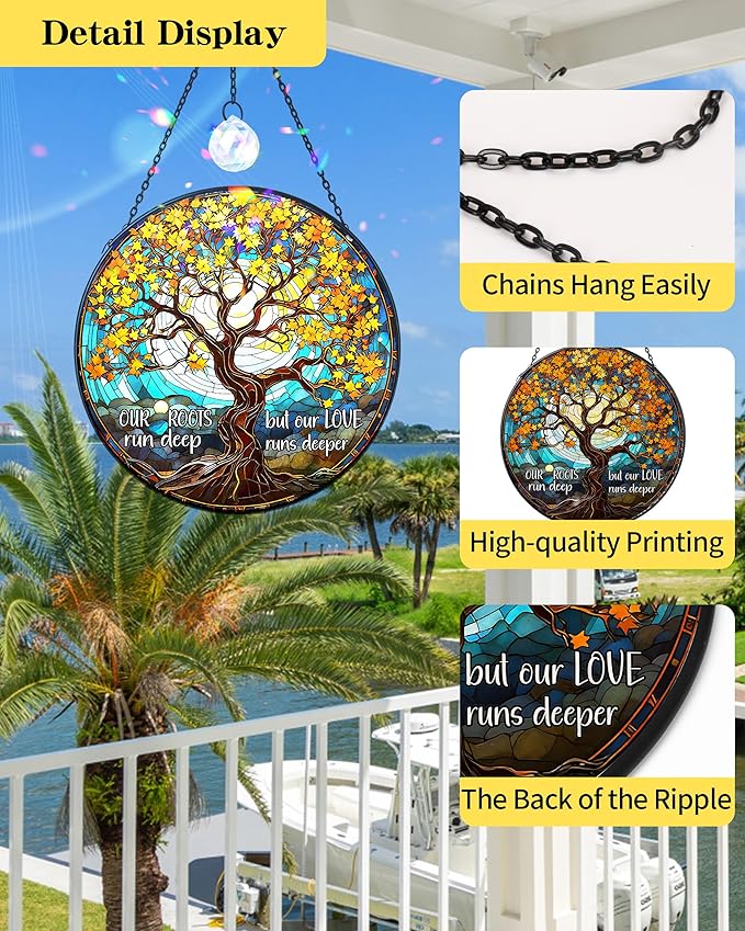 Tree of Life Stained Glass Window Hanging Family Tree Suncatcher for Door Home Decor Desk Decorations Gifts for Women (Glass-Roots Deep, 7.8x7.8 in)