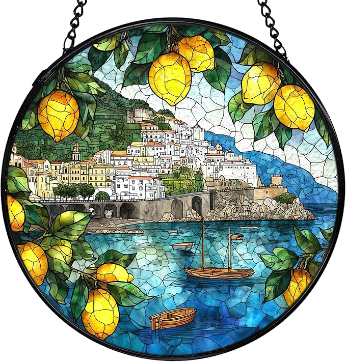 Italian Lemon Amalfi Coast Suncatchers Stained Glass Window Hanging, Lemon Kitchen Decor, Summer Mediterranean Sun Catchers Indoor Window Glass Round Wall Decor, 7.9x7.9in