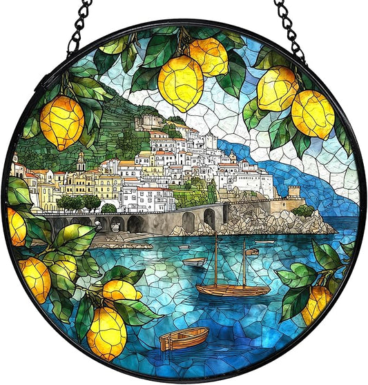 Italian Lemon Amalfi Coast Suncatchers Stained Glass Window Hanging, Lemon Kitchen Decor, Summer Mediterranean Sun Catchers Indoor Window Glass Round Wall Decor, 7.9x7.9in