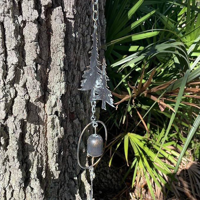 Things2Die4 70-Inch Metal Rain Chain with 5 Forest Tree Silhouettes & Zen Bells, Dark Verdigris Finish, 3.25-Inch Diameter, Decorative and Functional Downspout Alternative
