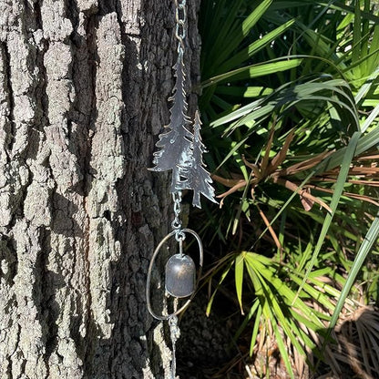 Things2Die4 70-Inch Metal Rain Chain with 5 Forest Tree Silhouettes & Zen Bells, Dark Verdigris Finish, 3.25-Inch Diameter, Decorative and Functional Downspout Alternative