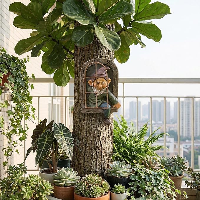 Elf Out of Door Tree Hugger 12-inch, Gnome Statue Tree Face Garden Decoration for Yard, Patio, Gnome Outdoor Clearance Large Ornaments, Garden Peeker Yard Art