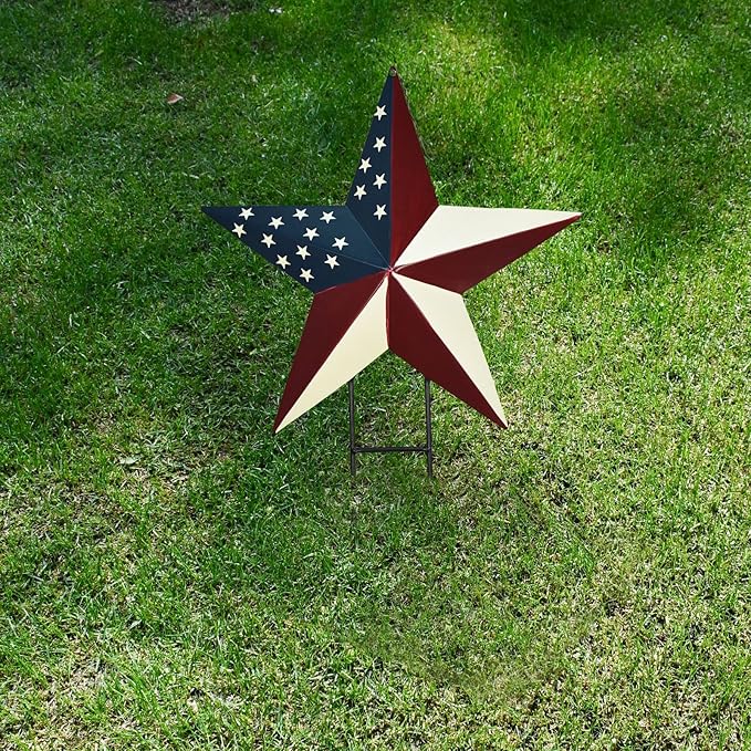 Metal Barn Star Yard Sign Patriotic Garden Stakes Hanging Star Ornament with Stake Outdoor 4th of July Lawn Decoration Party Supplies USA Flag Decor for Independence Day Memorial Day