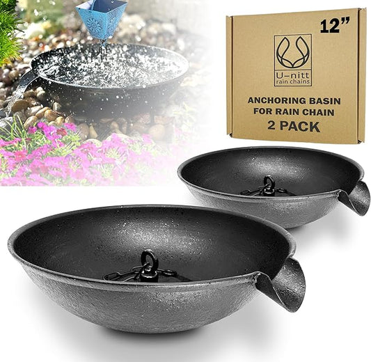 U-nitt 2PK 12" Spill Bowl Downspout Catch Basin for Rain Chain Anchoring Stake | Rainwater Collection for Roof |Gutter Catch Basin | Good for Water Fountain & Birdbath | Black | Handles Heavy Rain