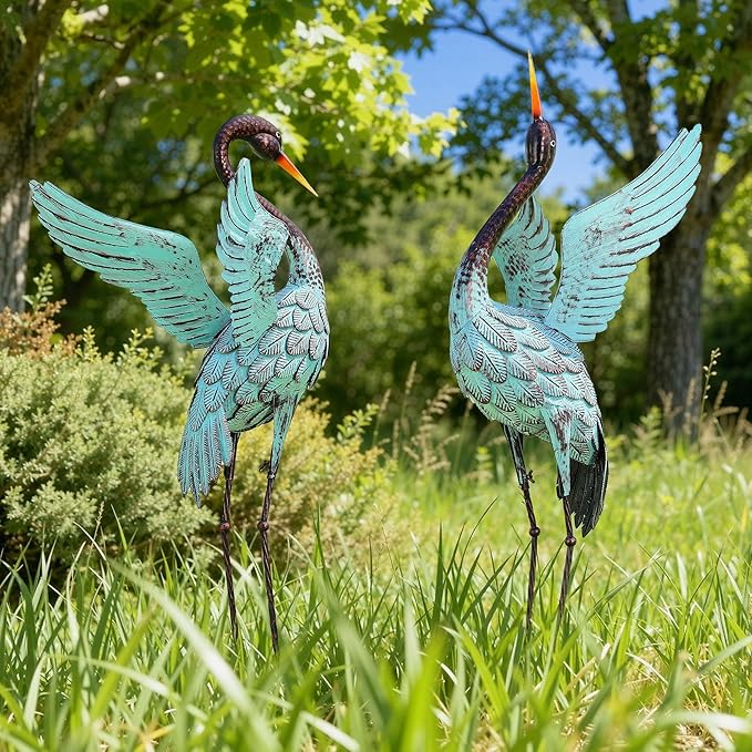 Extra-Large 47.5" Blue Heron Decor, Handcrafted Metal Crane Statue with Stable U-Ground Stakes, Backyard Decoration, Metal Garden Bird Animal Yard Art, Lawn Ornament Decor