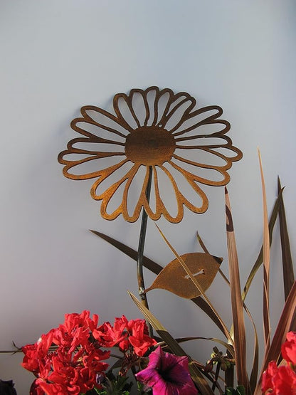 Metal Rustic and Colorful Flower Stakes Ranging from 9.5 to 36 Inches Tall (Daisy Stake 23" Tall, Naturally Rusted)