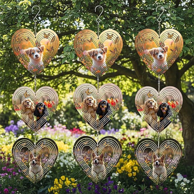 Wind Spinners Outdoor, Bird Repellent，3D Hearts Dog Pattern Hanging, 15 inches, Kinetic, Stainless-Steel Metal, Indoor and Outdoor Decoration for Garden, Patio, Yard, Gift for Women Mom Wife.
