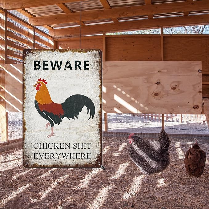 Beware Chicken Shit Everywhere Vintage Metal Sign Retro Wall Decor for Chicken Coop Farmhouse Wall Decor Funny Coop Garden Man Cave Farm Outdoor Decorations Chicken Coop Accessories 12x8 Inch