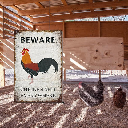 Beware Chicken Shit Everywhere Vintage Metal Sign Retro Wall Decor for Chicken Coop Farmhouse Wall Decor Funny Coop Garden Man Cave Farm Outdoor Decorations Chicken Coop Accessories 12x8 Inch