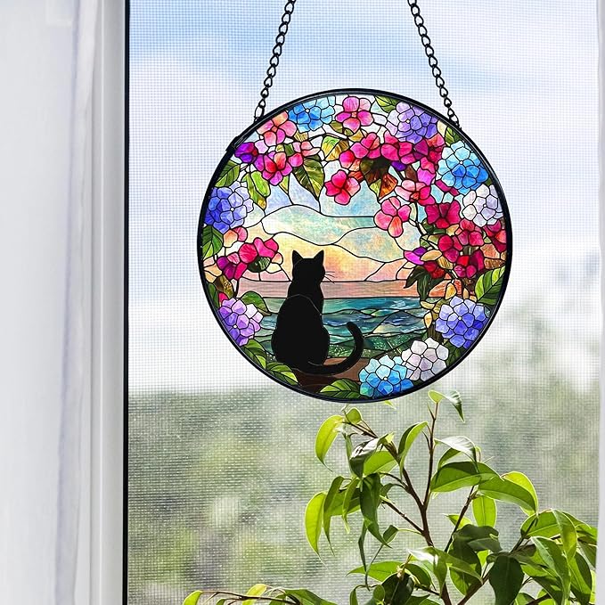Black Cat Hydrangea Flower Stained Glass Window Hanging, Black Cat Sun Catchers Indoor Window Round Glass Wall Art Decor, Cats Floral Suncatcher Wall Hanging Decorations, Lawn Care