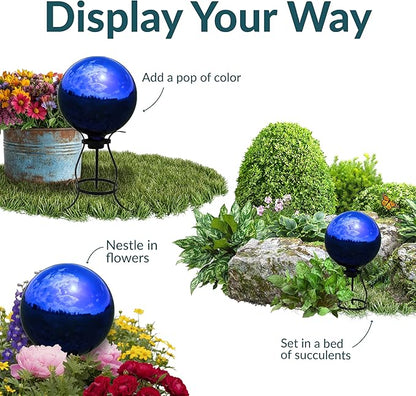Sunnydaze 10-Inch Gazing Ball for Garden - Glass Gazing Globe with Mirrored Stainless Steel Finish - Blue