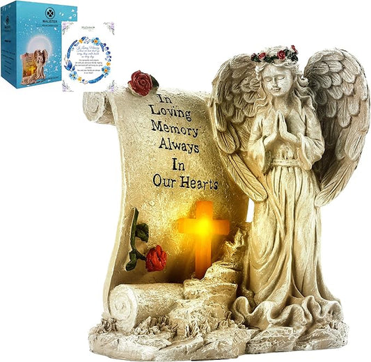 Malister Memorial Gifts - Garden Angel Statue Sympathy Gift with Solar Led Light, Bereavement Gifts, Memory of Loved One, Cemetery Grave Decorations, Remembrance Condolence Gift, Angel Figurines