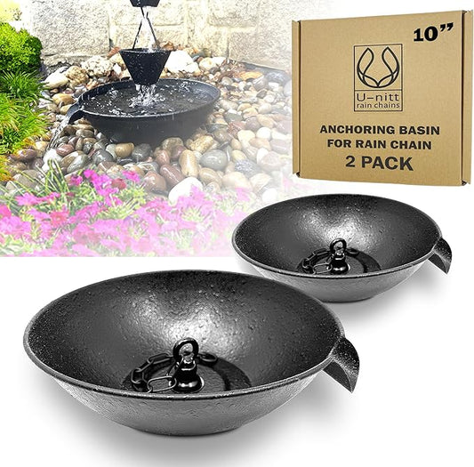 U-nitt 2PK 10" Spill Bowl Downspout Catch Basin for Rain Chain Anchoring Stake | Rainwater Collection for Roof |Gutter Catch Basin | Good for Water Fountain & Birdbath | Black | Handles Heavy Rain
