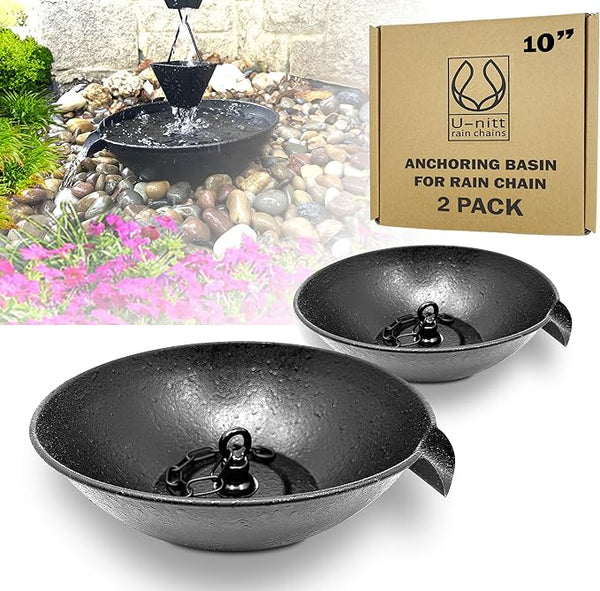 U-nitt 2PK 10" Spill Bowl Downspout Catch Basin for Rain Chain Anchoring Stake | Rainwater Collection for Roof |Gutter Catch Basin | Good for Water Fountain & Birdbath | Black | Handles Heavy Rain