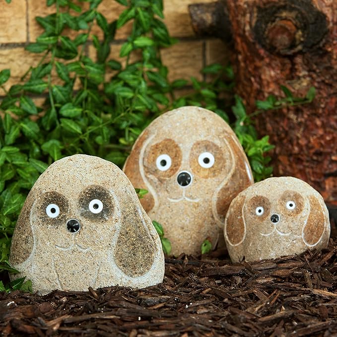 Boulder Dog Family – Set of 3 Hand-Carved Granite Garden Statues – Natural Stone Animal Décor – 4", 6", and 8", Eco-Friendly Outdoor Gift