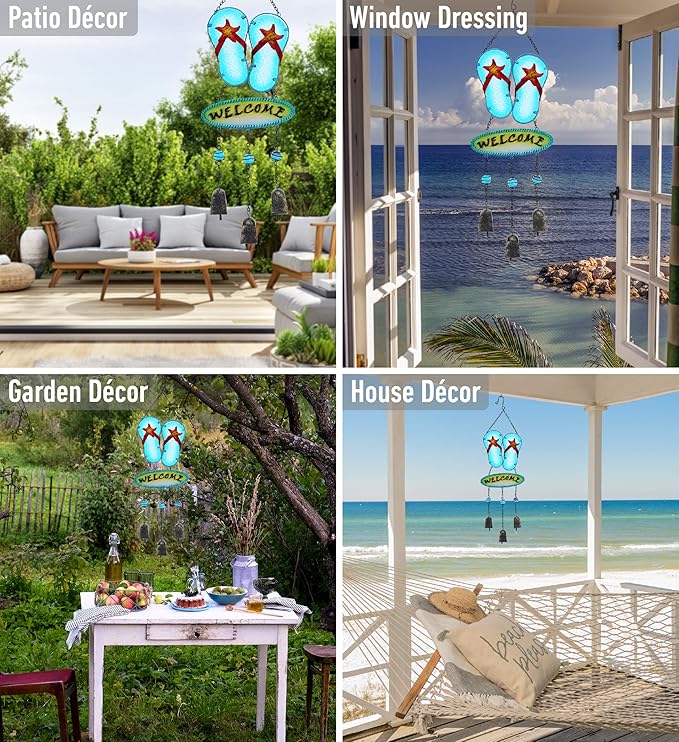 CoTa Global Welcome Flip-Flop Hanging Wind Chimes - Aqua Nautical Wind Chimes for Outside, Sea Glass Art Glass Wind Chimes for Outdoors and Indoors, Perfect Sea Glass Decor for Garden Decoration Art