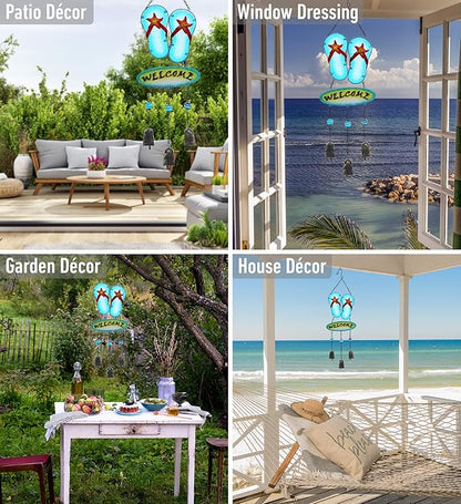 CoTa Global Welcome Flip-Flop Hanging Wind Chimes - Aqua Nautical Wind Chimes for Outside, Sea Glass Art Glass Wind Chimes for Outdoors and Indoors, Perfect Sea Glass Decor for Garden Decoration Art