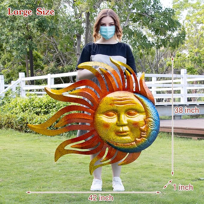 Large Flame Sun Wall Art Decor, 42 inch Metal Wall Decor, Retro Hanging Flame Sun Valentine Wall Decorations for Patio Yard Garden Fence Living Room Bedroom