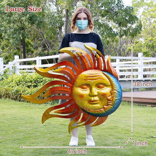 Large Flame Sun Wall Art Decor, 42 inch Metal Wall Decor, Retro Hanging Flame Sun Valentine Wall Decorations for Patio Yard Garden Fence Living Room Bedroom