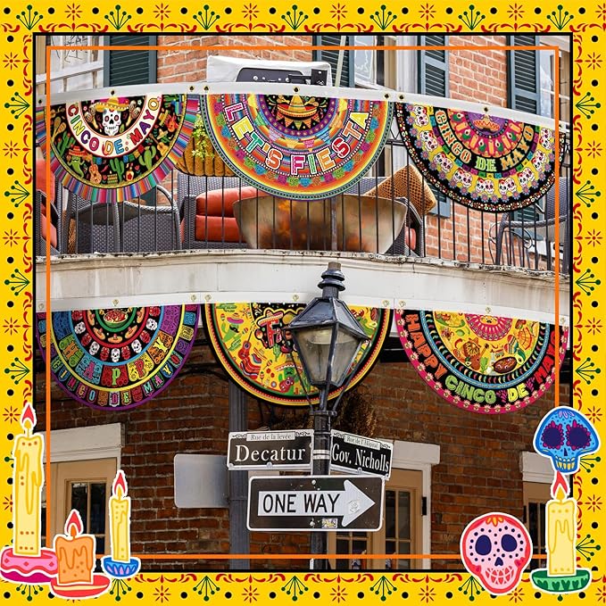 6 Pcs Cinco De Mayo Bunting Fan Flag Mexican Fiesta Half Fan Banners 1.5 x 3ft Donkey Hanging Flag Banner Tacos Cactus Bunting Decoration for Outdoor Indoor Garden Yard Party Decor(Mexican)