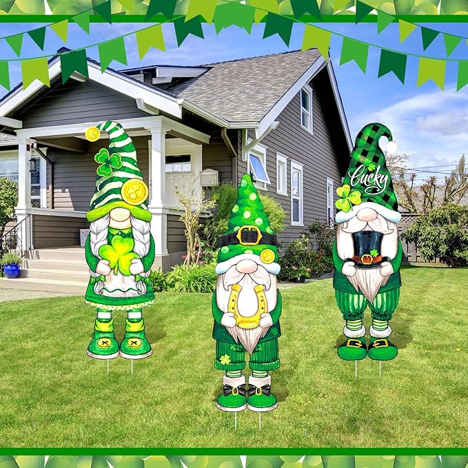 Umigy 3 Pcs St. Patrick's Day Yard Signs Shamrock Gnome Outdoor Decor with Stakes 32 x 10 Inch St. Patrick's Day Lawn Garden Decorations for Home Pathway Walkway