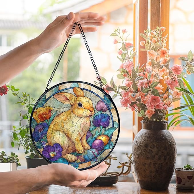 Easter Bunny Suncatcher Stained Glass Window Hanging, Bunny Rabbit Flower Sun Catchers Indoor Window Glass Wall Art Decor, Easter Wall Hanging Decor Decorations, 7.9x7.9 Inch