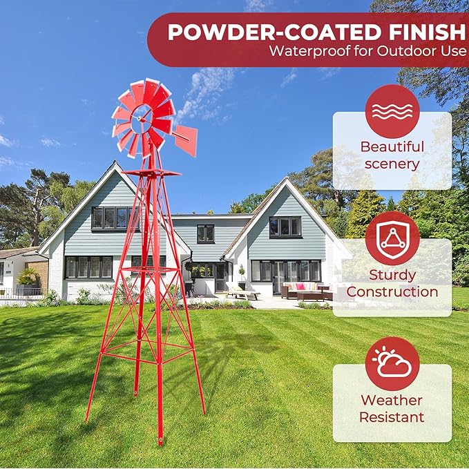 Outvita 8FT Ornamental Windmill, Heavy Duty Durable Metal Weather Vane Garden Decoration Weather Resistant for Garden, Yard, Farm, Seaside (8ft-red)