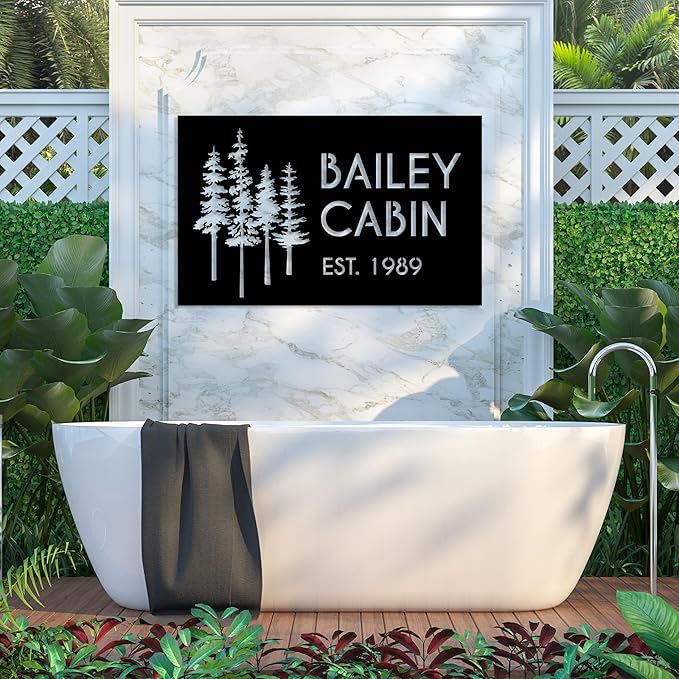 Personalized Metal Cabin Wall Art, Custom Pine Tree Metal Sign, Last Name Sign for Outdoor, Farmhouse Decor, Forest Design Family Name Sign, Mountain House Sign, Over Fireplace Art, Housewarming Gift
