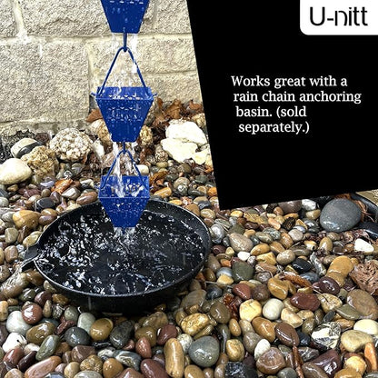 U-nitt Rain Chain Water Collection for Gutters Rainwater Catcher & Diverter, 8.5 FT Chains for Outside Garden, Blue Square Cups, Roof Downspout, Works with Heavy Rain, w/Gutter Clip for Rainchains