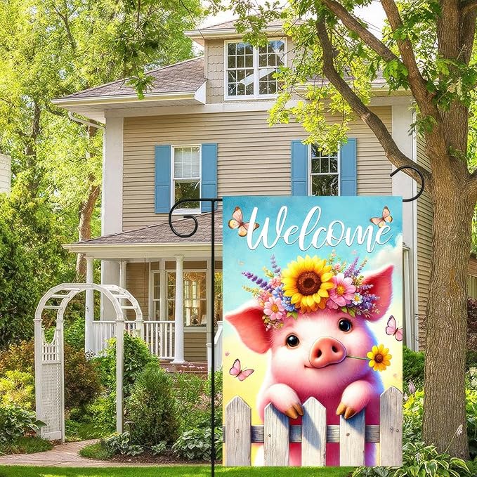 BlissYard Spring Welcome Garden Flag 12x18 Inches Double Sided Cute Pig Yard Flags Sunflower Crown Fence for Outside Decor Home Farmhouse Holiday Summer Decorations