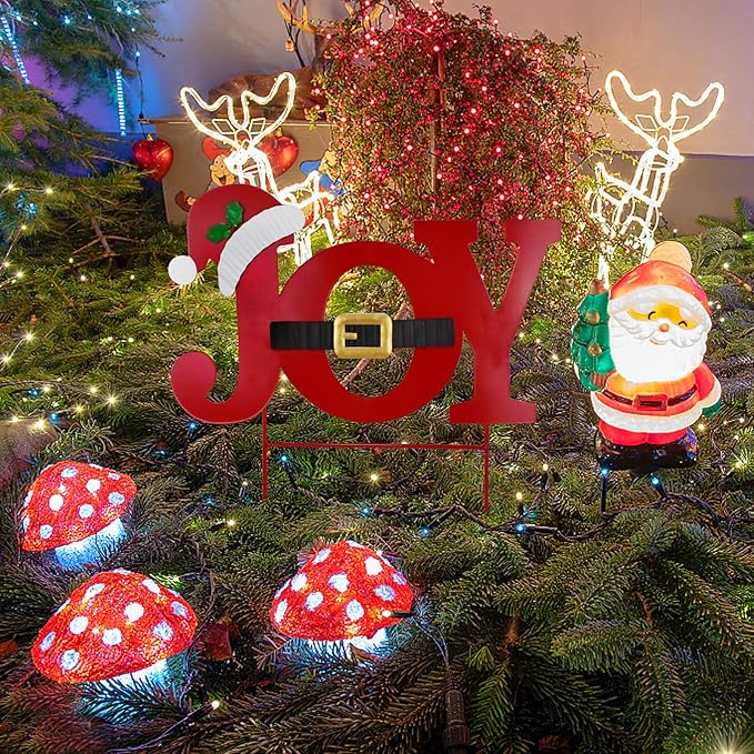 Christmas Joy Garden Stake, Metal Joy Sign Hanging Wall Decor, 19"H Xmas Yard Sign Merry Christmas Outdoor Decorations for Garden Lawn Patio Lawn Pathway (red joy)