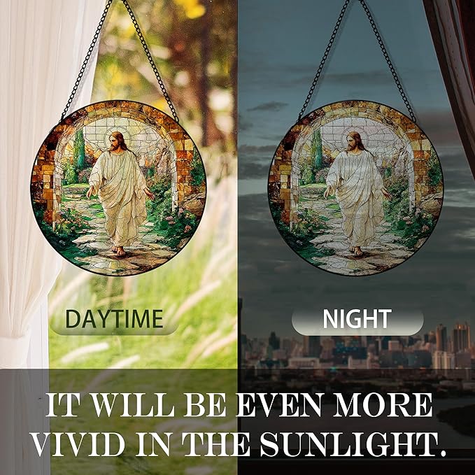 He is Risen Resurrection of Jesus Suncatcher Stained Glass Window Hanging, Christian Jesus Sun Catchers Indoor Window Glass Round Wall Decor, Religious Wall Art Hanging Decorations, ＂7.8x7.8＂