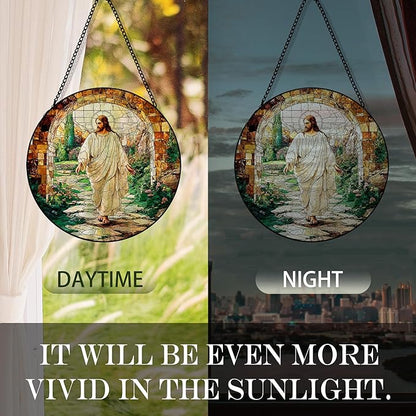 He is Risen Resurrection of Jesus Suncatcher Stained Glass Window Hanging, Christian Jesus Sun Catchers Indoor Window Glass Round Wall Decor, Religious Wall Art Hanging Decorations, ＂7.8x7.8＂