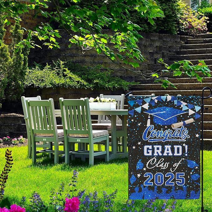 PAMBO Graduation Garden Flag Class of 2025, Blue Congrats Grade Flag for Outside Hanging Decors 12x18 Inch Burlap