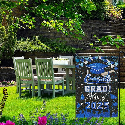 PAMBO Graduation Garden Flag Class of 2025, Blue Congrats Grade Flag for Outside Hanging Decors 12x18 Inch Burlap