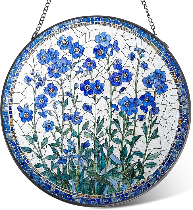 Forget-Me-Not Flower Stained Glass Suncatcher, 8 Inch Handmade Blue Floral Window Hanging Decor for Garden, Sun Catcher Home Decor
