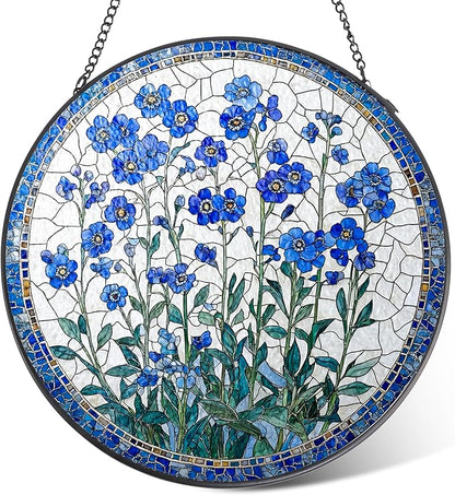 Forget-Me-Not Flower Stained Glass Suncatcher, 8 Inch Handmade Blue Floral Window Hanging Decor for Garden, Sun Catcher Home Decor