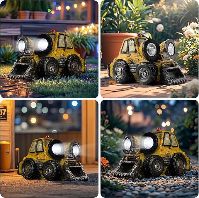 Etlemonde Garden Statue Outdoor Solar Truck Decor with Light Rustic Vintage Bulldozer Construction Decoration for Lawn Patio Yard Gifts for Men