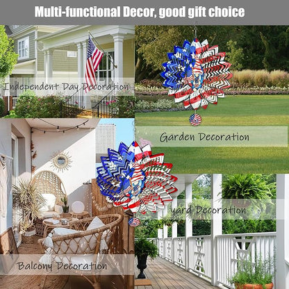 Sunflower American Flag Gnome Patriotic Wind Spinners Outdoor for Yard and Garden,12 Inch 3D Stainless Steel Metal Hanging Kinetic Wind Sculpture, Independence Day Decor Indoor Art