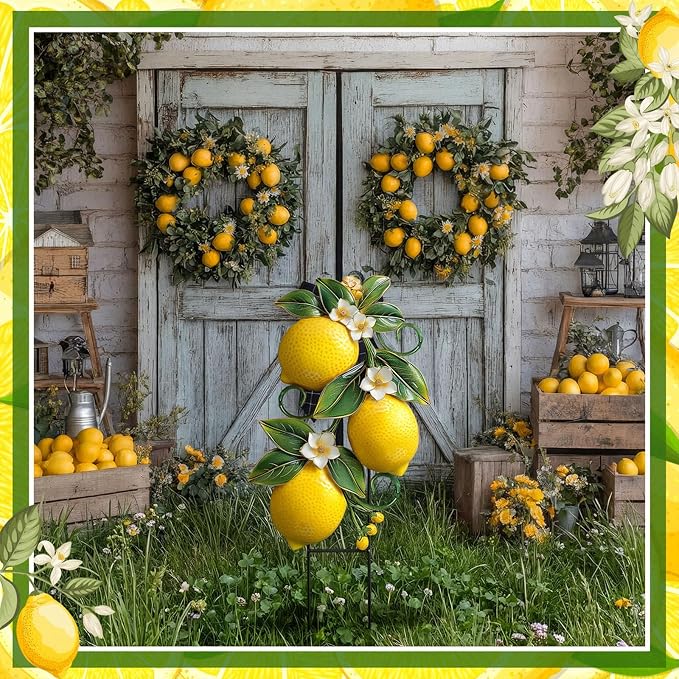 Amyhill Lemon Outdoor Decor Summer Metal Garden Stakes Yellow Lemon Yard Signs Rustic Farmhouse Floral Waterproof Lawn Sign Outdoor Decorations for Summer Holiday Garden Lawn Decor