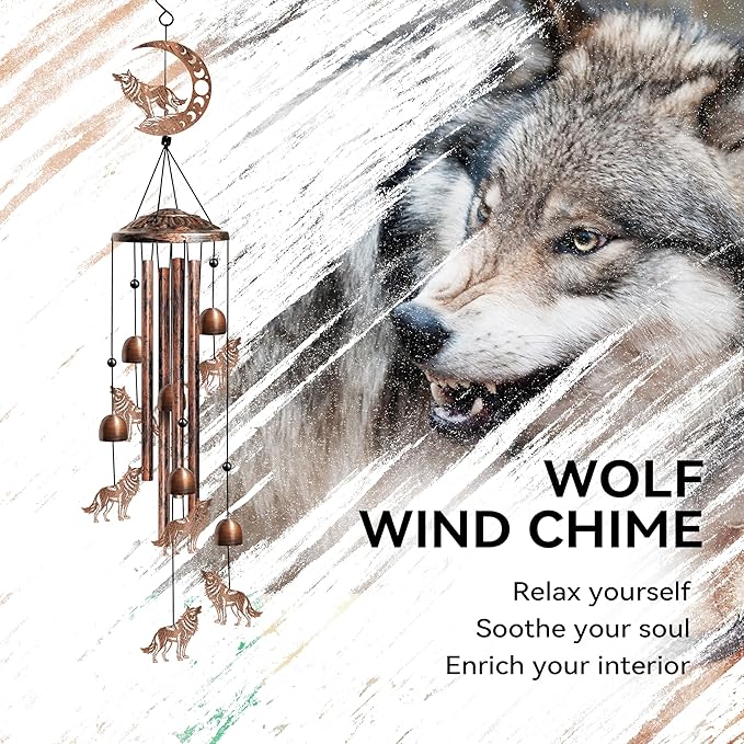 Wolf Wind Chimes for Outside, Decorative Wind Chimes Wolf Gifts for Women/Men, Memorial/Birthday Gifts, Garden Decor for Outside, Patio or Yard, Durable Chimes for Outdoors