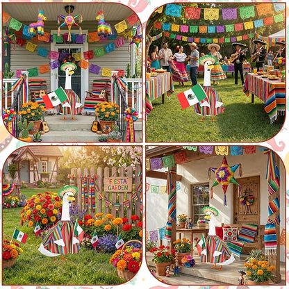 Abbylike 4 Pcs/set Mexican Porch Goose Outfits Cinco De Mayo Yard Goose Costume Clothes with Fiesta Sombrero Beard Flag Fit 23'' Cement for Mexican Fiesta Garden Patio Yard Statue Pathway Decoration
