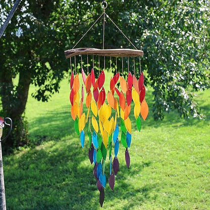 Blue Handworks Deluxe Rainbow Waterfall & Driftwood Chime, Sandblasted Glass and Found Wood Handcrafted Wind Chime