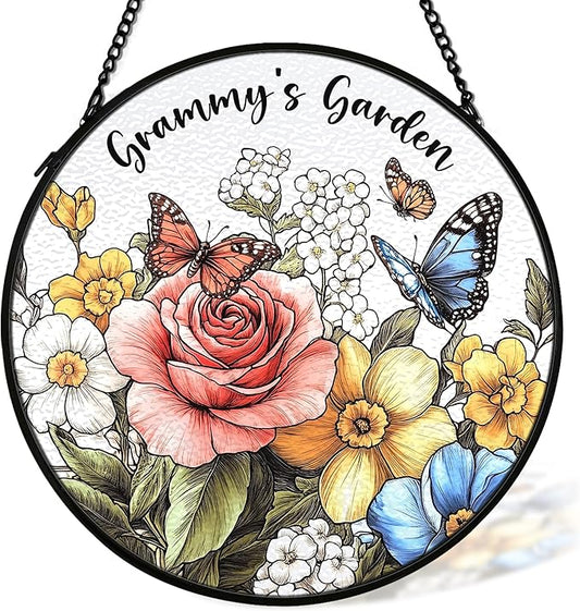 Grammy Mothers Day Christmas Birthday Gifts Suncatcher Stained Glass Window from Grandkids for Grammy, Grandma Gift Stained Glass Wall Decor, Grammy's Garden Catchers Indoor Window,7.9x7.9In