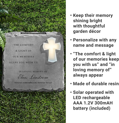 Let's Make Memories Personalized Memorial Garden Stone - Engraved Sympathy Garden Marker - Condolences - Solar Cross - Comfort and Light