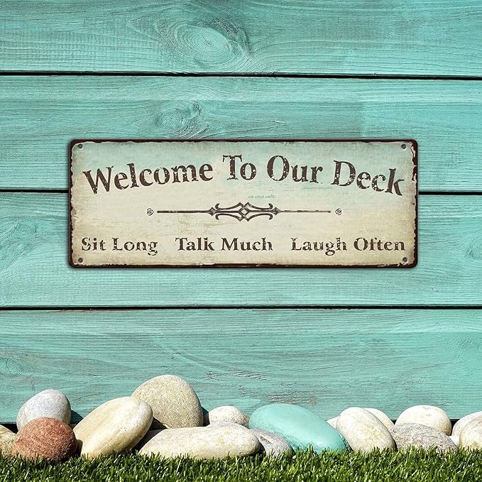 Welcome to Our Deck Sign Outdoor Decorations, Rustic Metal Tin Signs Backyard Wall Decor Accessories 15.8 x 5.9 Inches