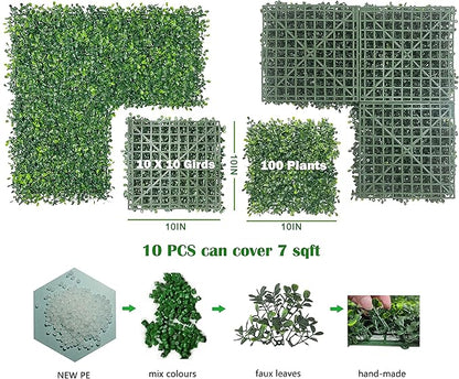 Bybeton Artificial Grass Wall Panels 10"x 10" (10Pcs), Extra-Dense for True Privacy, UV-Resistant Faux Boxwood Hedge for Outdoor Fence & Greenery Backdrop